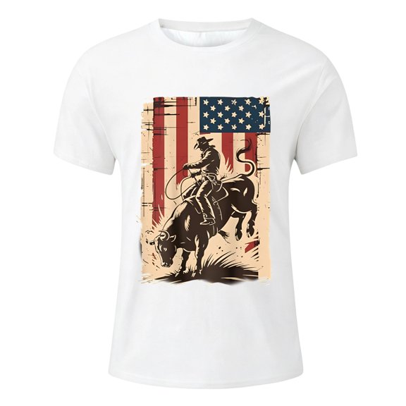 KHONTS Bull Riding Cowboy Patriotic T-Shirt for Boys Kids Short Sleeve Summer Tops,Size 2-13 Years White 160