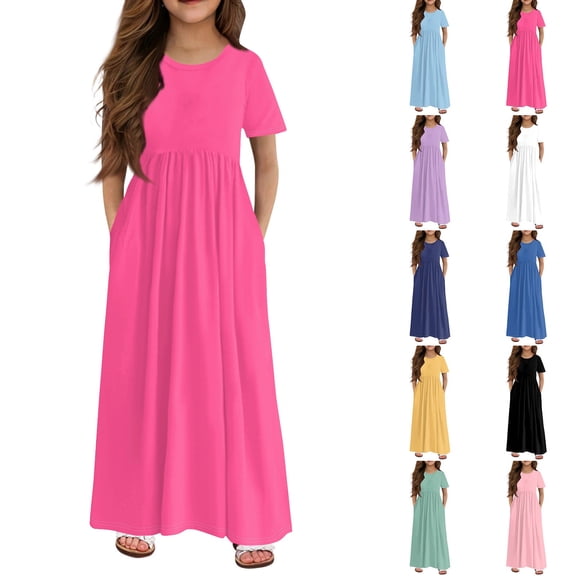 Girls Maxi Dress Short Sleeve Casual Holiday Dress with Pockets for 4-14 Years White 160