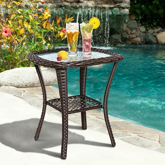 ATR ART to REAL Outdoor Wicker End Table, Square Rattan Glass Top Side Table for Patio Garden, Brown