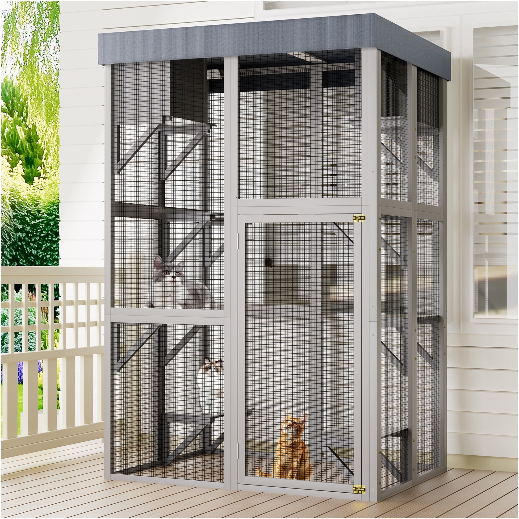 JERFIT Large 70.5 Inch Outdoor Wooden Catio Enclosure with Sunbathing Deck, 6 Platforms & 2 Condos, Waterproof Cover, Gray Cat Playpen