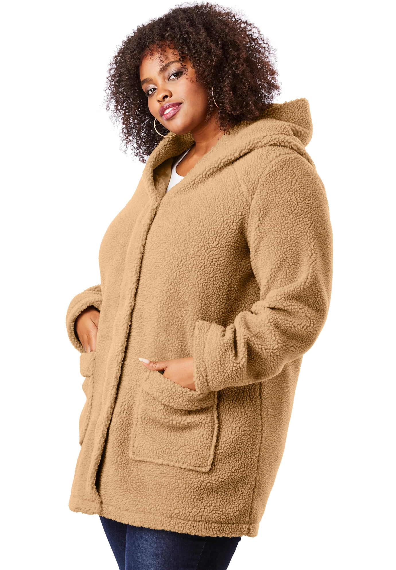 Roaman's - Roaman's Women's Plus Size Hooded Textured Fleece Coat - L, Camel Beige - Walmart.com 