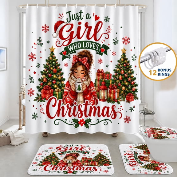XNB 16Pcs Bathroom Accessories Set, Christmas Shower Curtain with Hooks Anti Slip Bath Mats Toilet Lid Cover Waterproof Modern Design