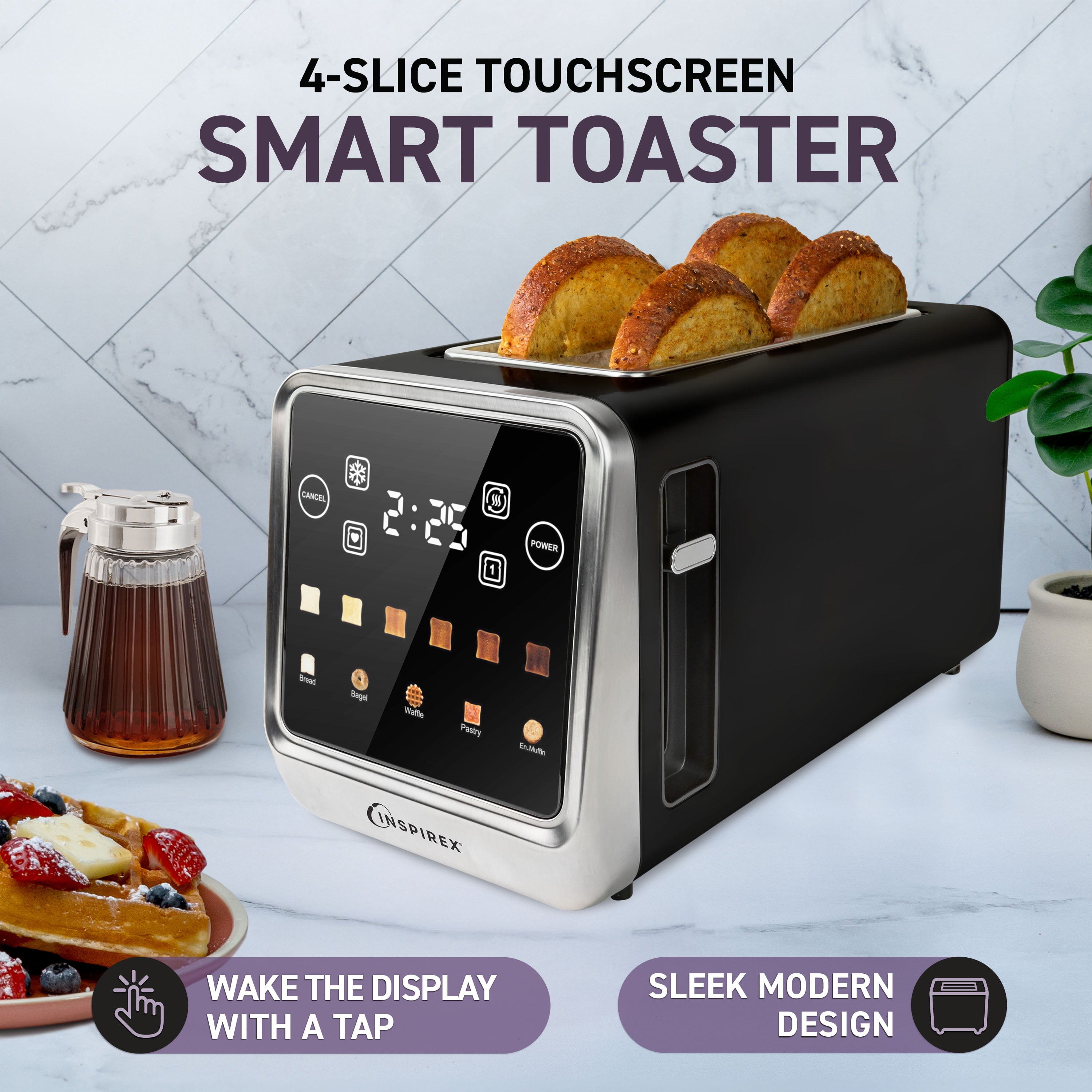 Inspirex Modern 4 Slice Toaster, Smart Toaster with Intuitive Touchscreen Interface, Black