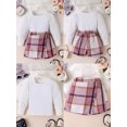 thumbnail image 2 of Pudcoco Kids Girl Fall Outfits Solid Color Square Neck Long Sleeve Tops Buttons Mini Plaid Skirts 2Pcs Clothes Set, 2 of 8