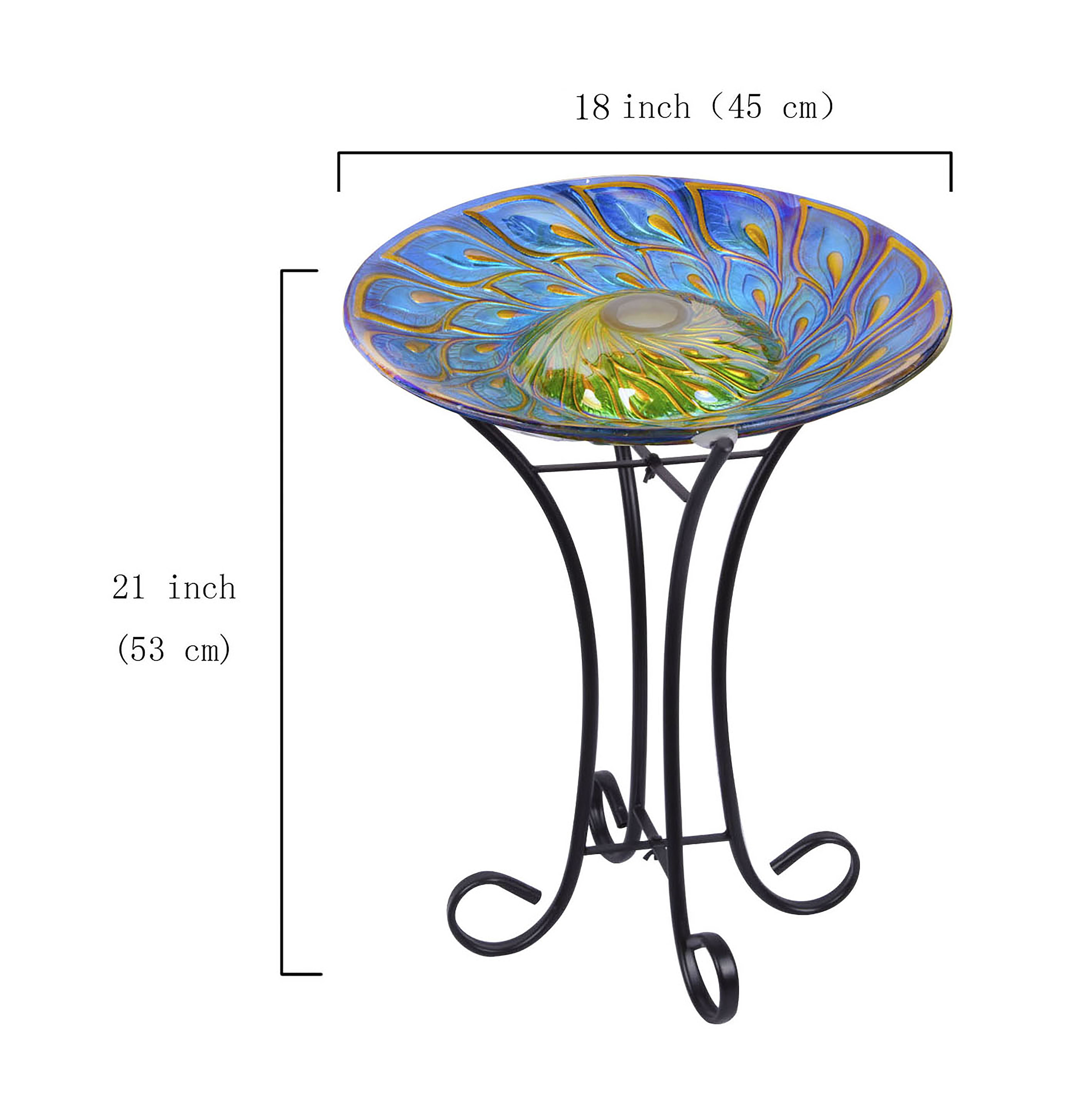 Hi-Line Gift 78415-E Solar Glass Peacock Feathers Bird Bath with Stand