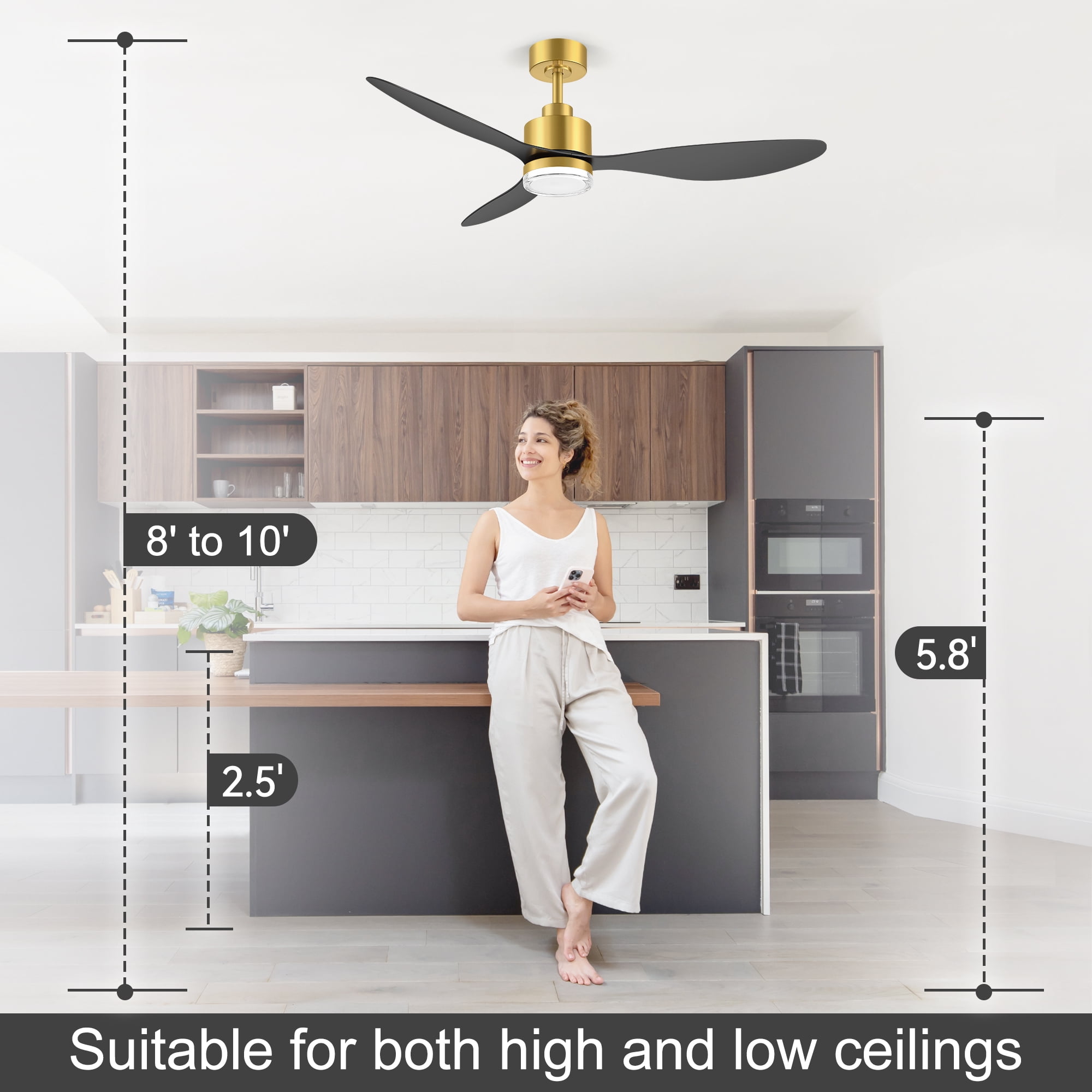 ALKAFY 52 inch Golden Ceiling Fan with LED Light and Remote -  3 Color Temperatures, for Living Room & Bedroom