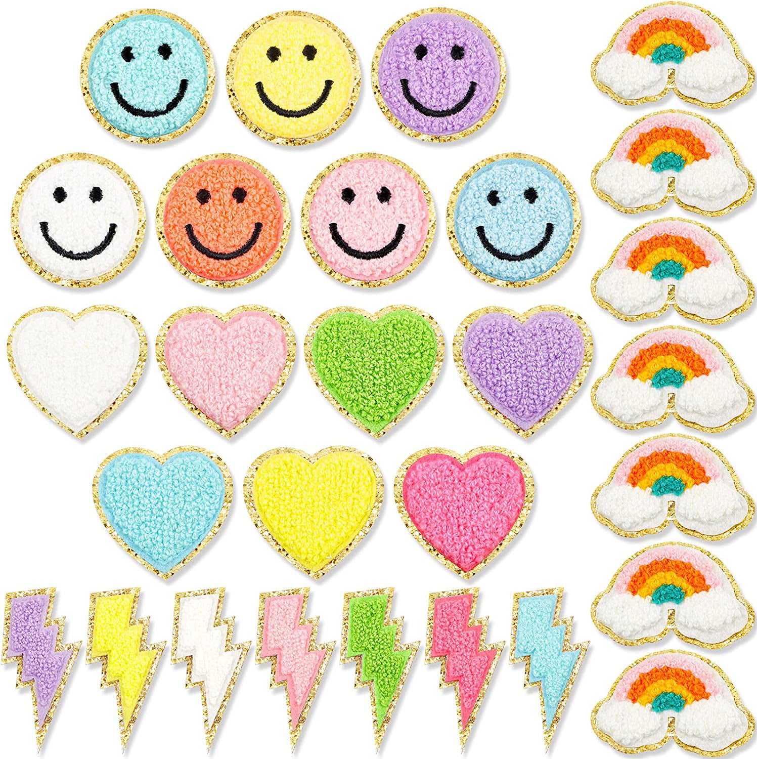 Happy Face 24 Pcs Smile Face Heart Patch Cute Iron on Patches Decorative Dress Heart Applique Multicolor DIY Adhesive Embroidery Patches Smiling Face Love Chenille Patch for Clothes Sewing 
