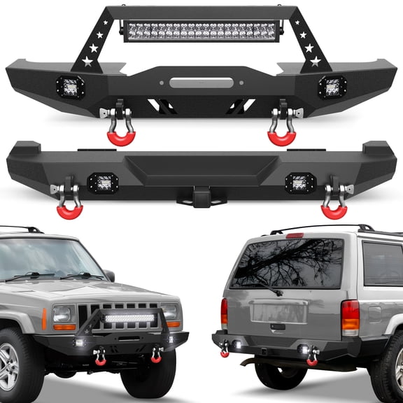 POFENZE For Jeep XJ Front Bumper and Rear Bumper Combo Compatible with 1984-2001 Jeep Cherokee XJ with Winch Plate and Lights