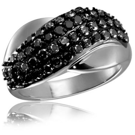 JewelersClub 1.00 CTW Round cut Black Diamond Crossover Shape Sterling Silver Ring