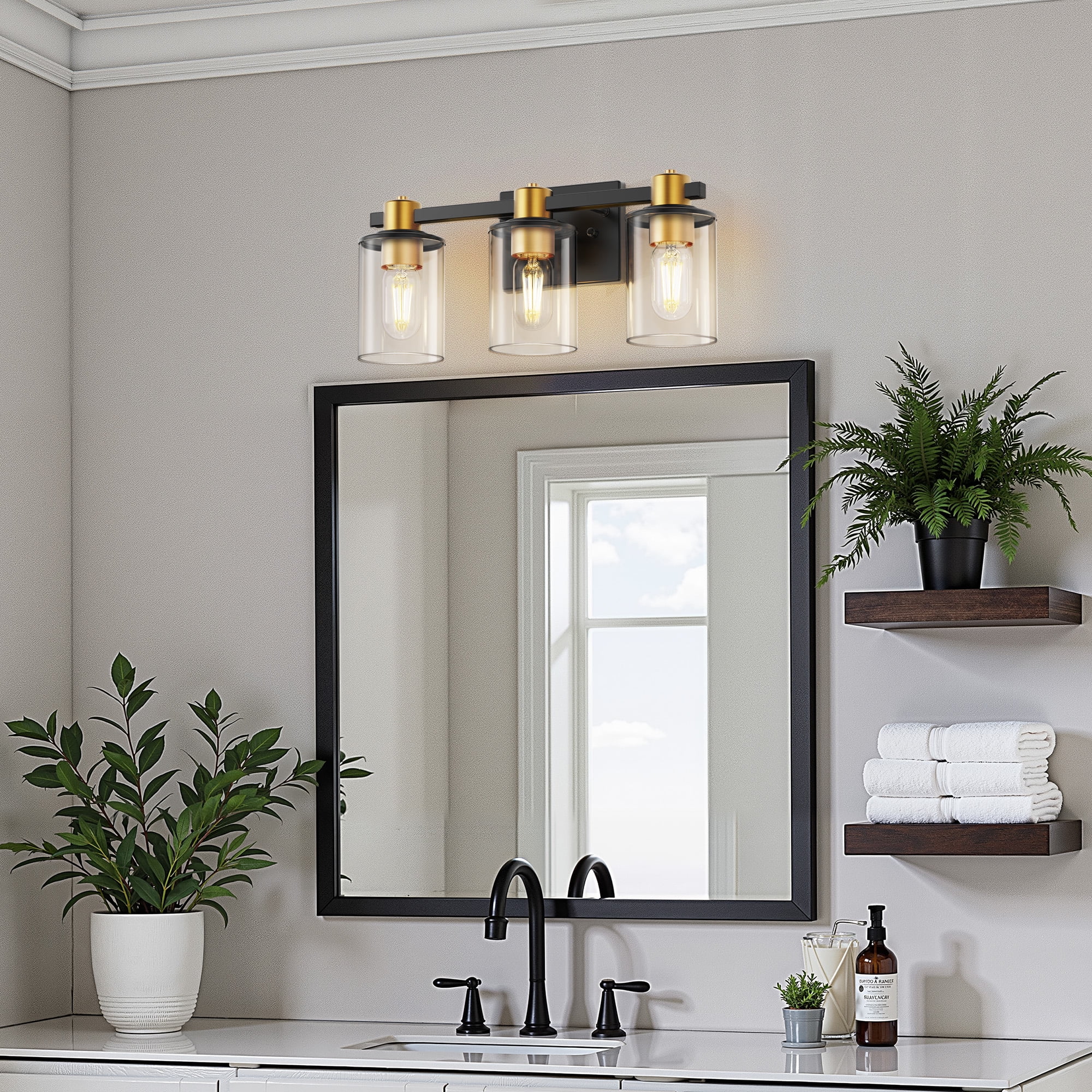 YANSUN 24.4 in 3-Light Black Gold Bathroom Vanity Lighting, Modern Fixture with Clear Glass Shades for Mirror, Vanity Lights for Bathroom Hallway Bedroom