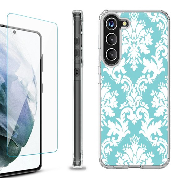 Shockproof Bumper Phone Case for Samsung Galaxy S23 5G, with Tempered Glass Screen Protector, by OneToughShield ® - Victorian White/Teal