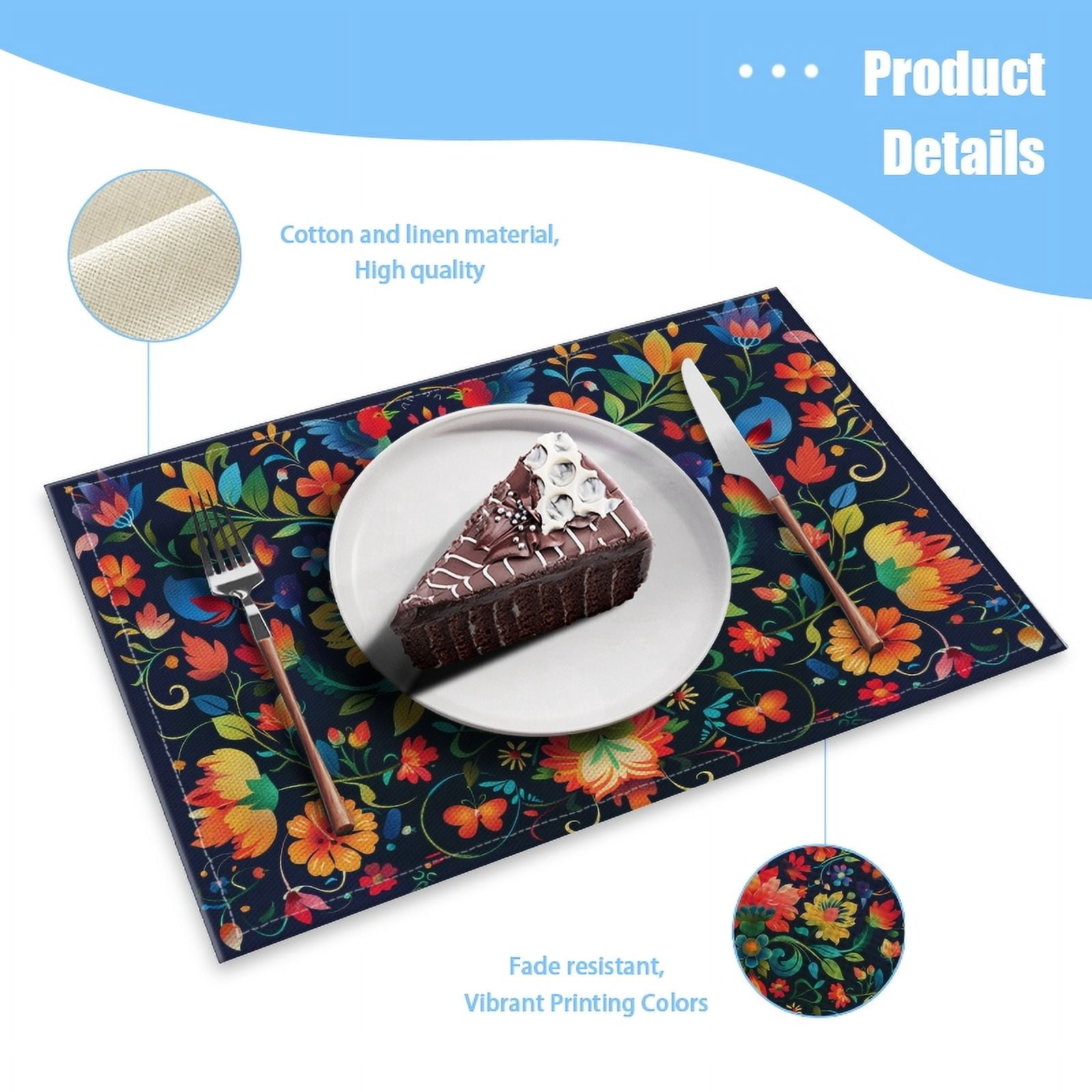 BaHomeck placemats Set of 4 rectangle Linen Cotton Placemats for Dining Table Washable Heat Resistant,18*12inch,Colorful And Vibrant Pattern Of Traditional Ukrainian Folk Art