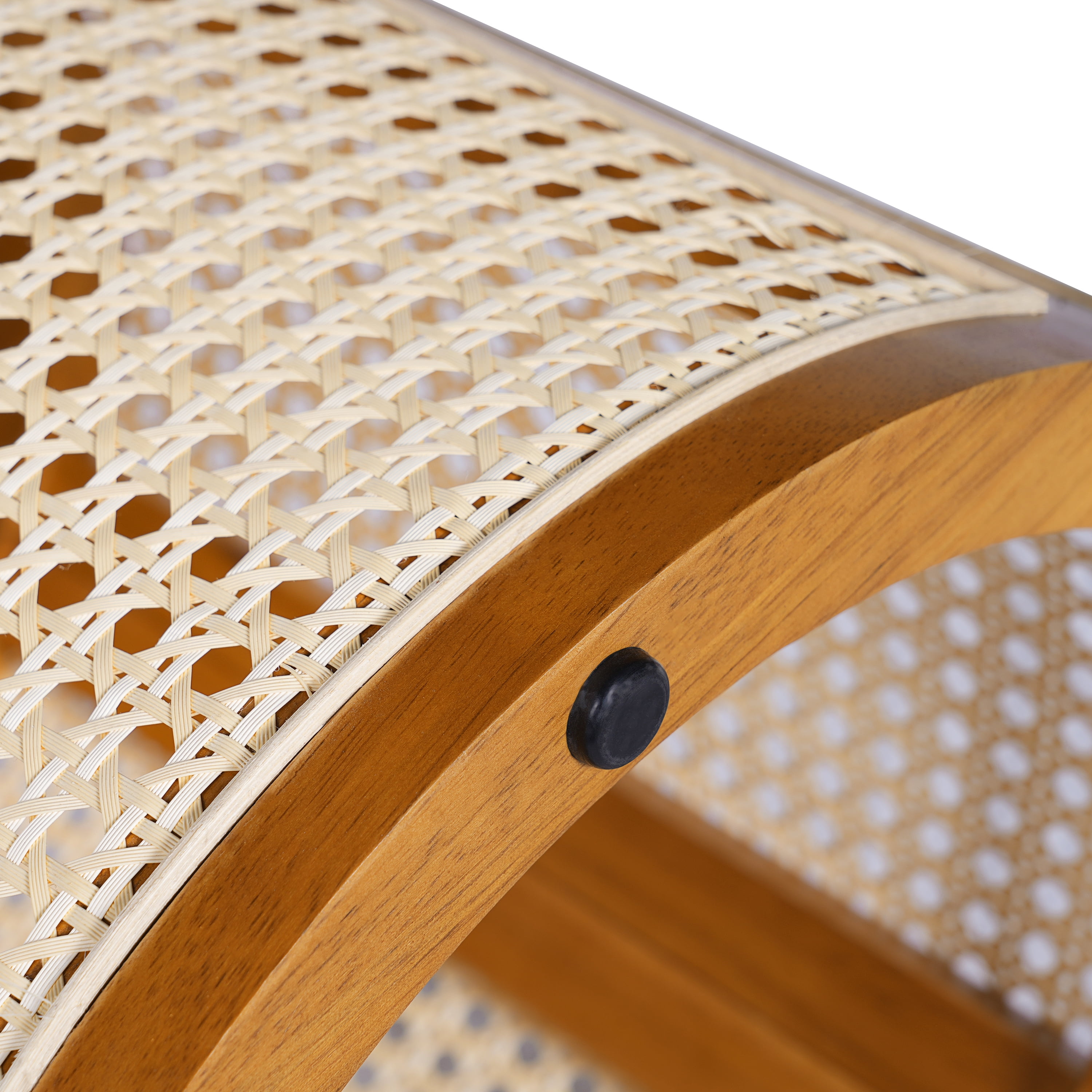 GARITIN Round End Table 15.7 Inch, Woven Rattan Style Side Table with Rubber Wood Frame for Living Room Bedroom, Ochre