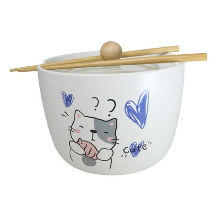 Whimsical Anime Cat With Fish Donburi Ramen Soup Bowl With Chopsticks And Lid