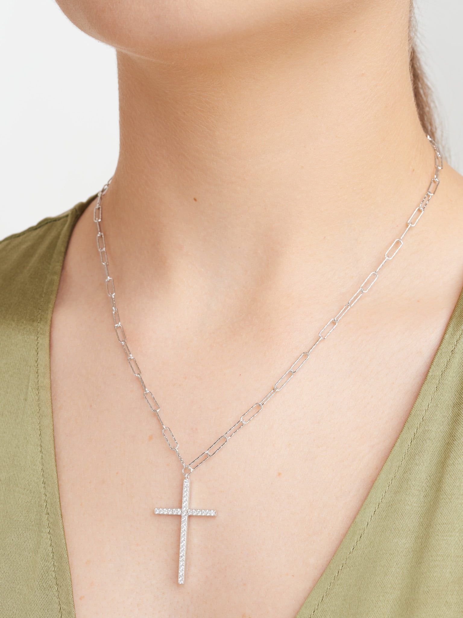 Forever Facets CZ Cross Paperclip Necklace Hand Set in Sterling