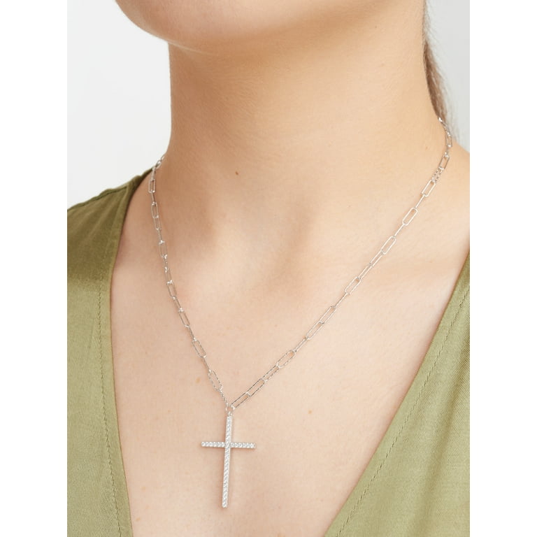 Forever Facets CZ Cross Paperclip Necklace Hand Set in Sterling