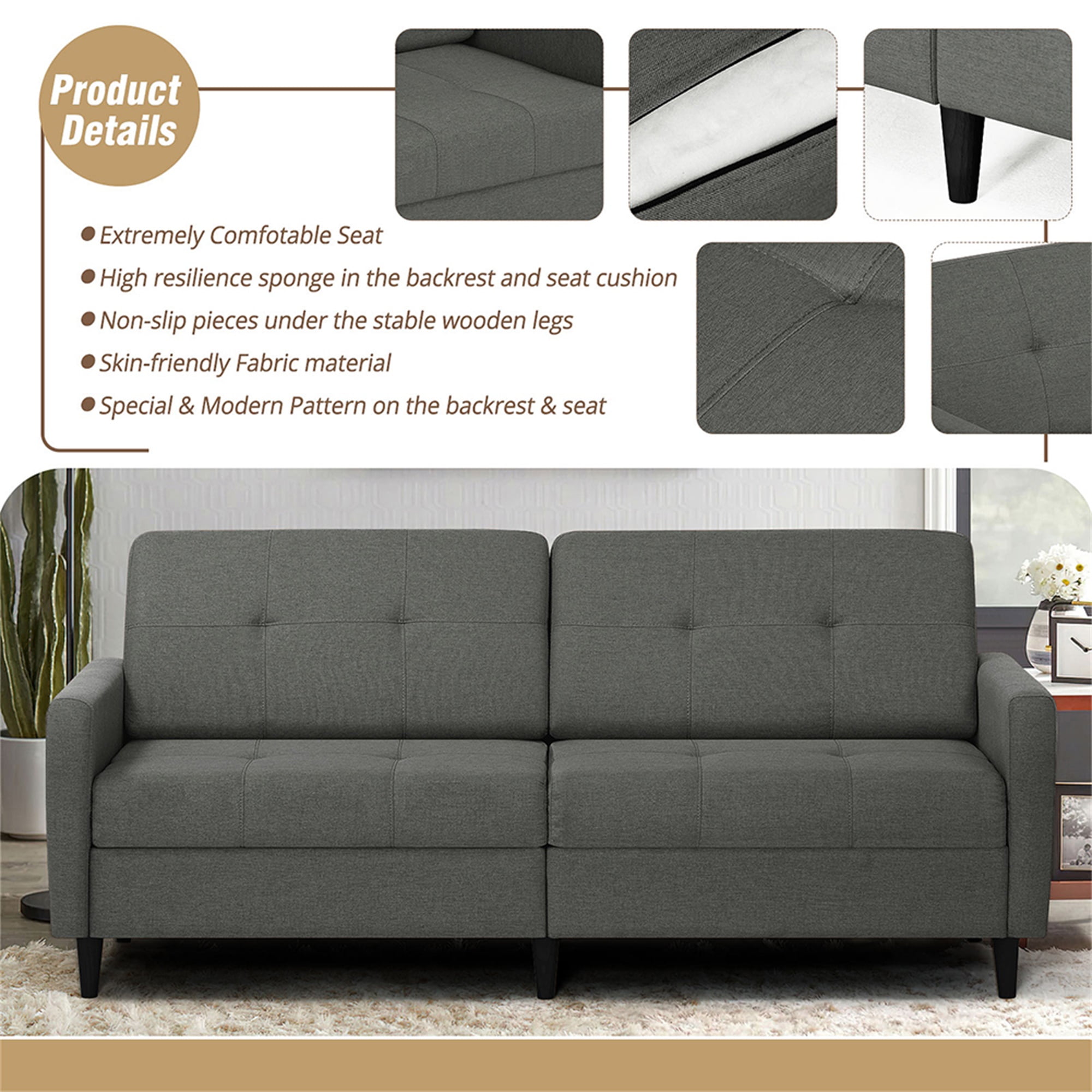 Kadyn Loveseat Sofa Bed, Mordern Convertible Sofa with Adjustable Backrest and Wooden Legs, 2-Seat Couch for Bedroom, Grey Kadyn Loveseat Sofa Bed, Mordern Convertible Sofa with Adjustable Backrest and Wooden Legs, 2-Seat Couch for Bedroom, Grey
