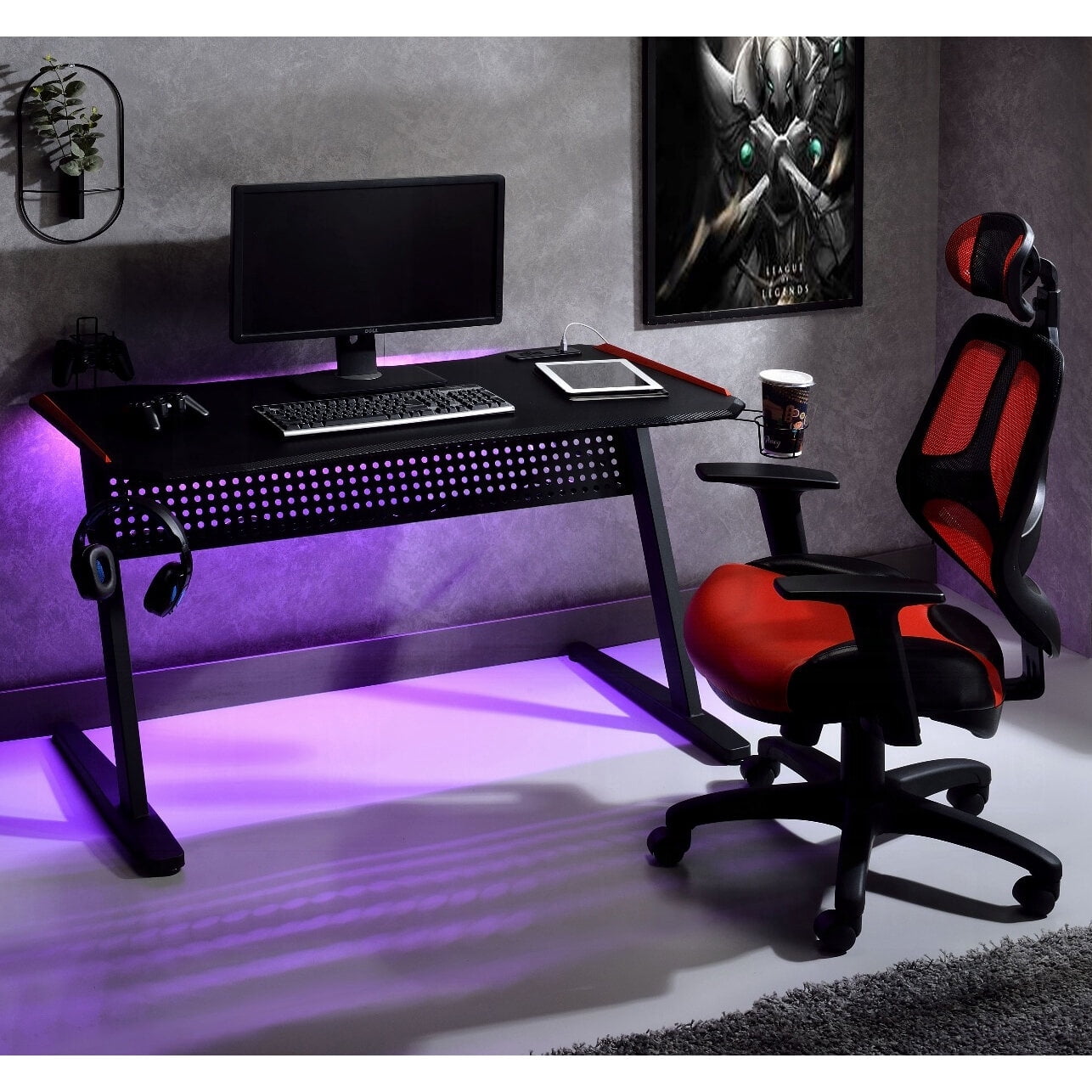 Pool Table, Black and Red Gaming Desk with LED Light and USB Port, Black+Red Game Tables,Paper Composite Combination Game Tables, Furniture Game & Recreation Game Tables