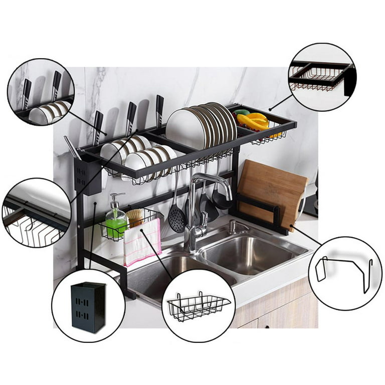 Dish Drying Rack over Sink, 2 Tier Rust-Resistant Dish Rack Small Dish  Drainer with Utensil Holder, Dish Holder and Cleanser Cradle for Kitchen  Countertop Saving Space, Black 