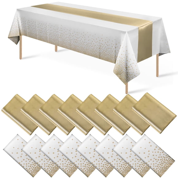 Juego de mantel y camino de mesa, paquete de 16 unidades, color blanco/dorado, para fiestas