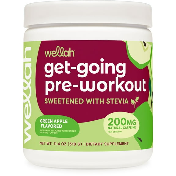 Wellah Get-Going Pre-Workout Drink Mix (Green Apple) 200mg Natural Caffeine Per Serving (30 Servings) - Sweetened With Stevia