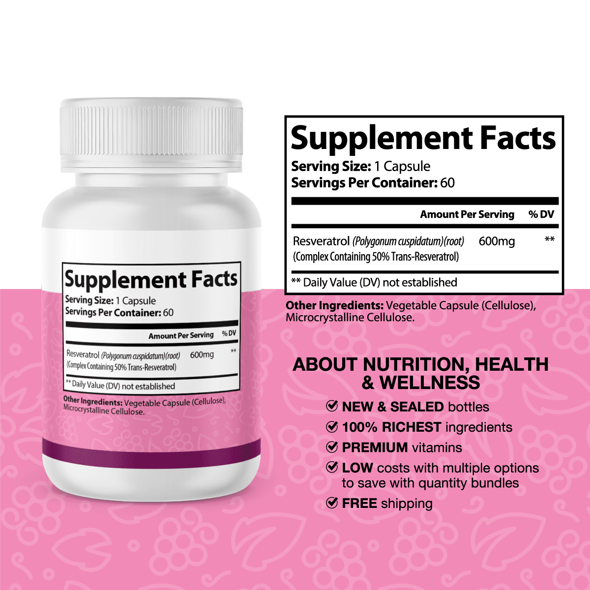 Resveratrol- Anti-Aging & Brain Health- 2 Bottles-120 Capsules-Pelican Vitamins