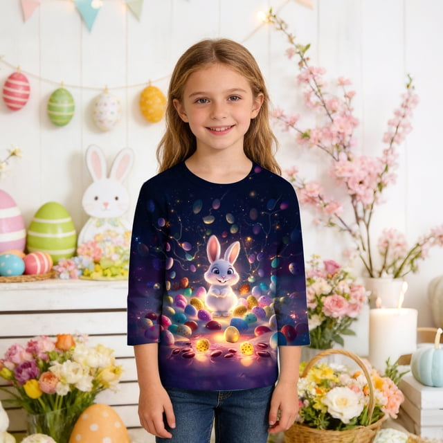 Blusas y camisas de manga larga con cuello redondo y estampado de Pascua, camiseta interior de cuello redondo y manga tres cuartos para niños de talla mediana y grande.