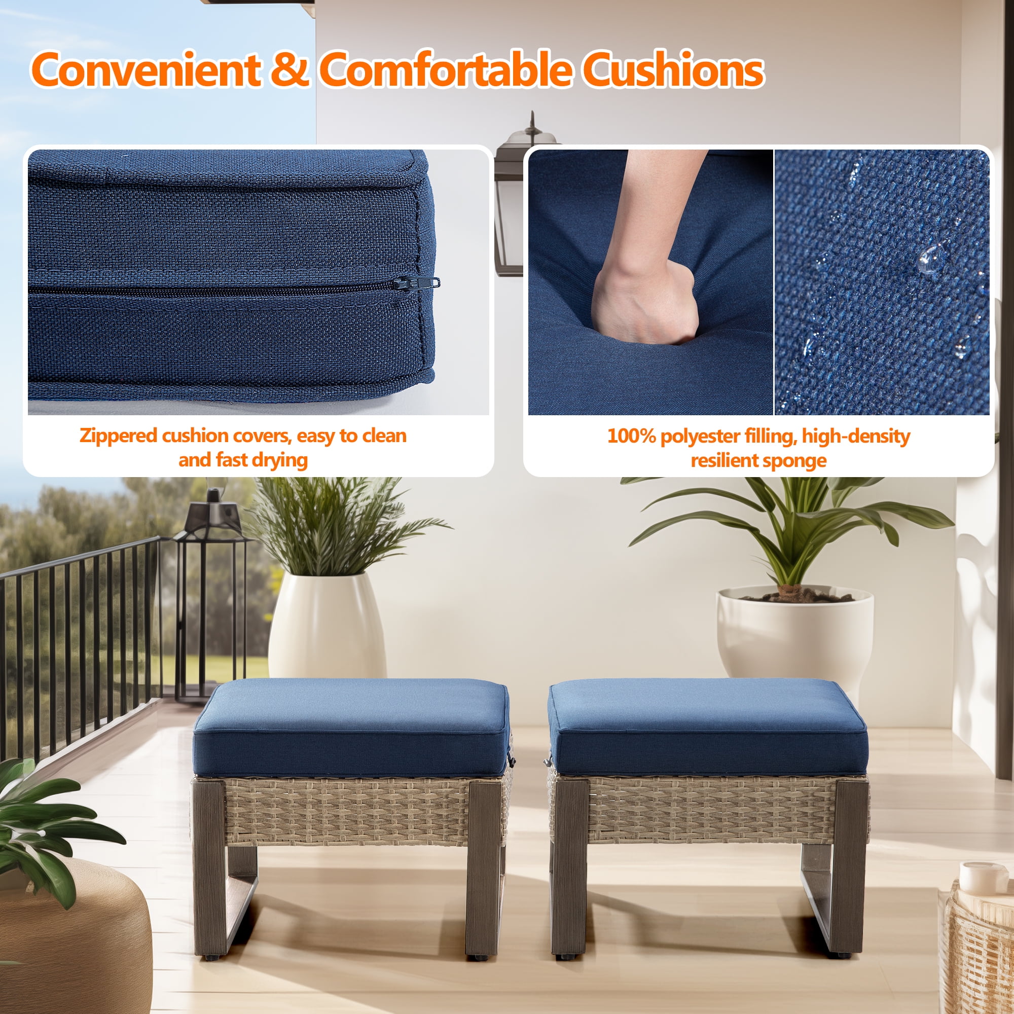 Meetleisure 2-Piece Outdoor PE Rattan Ottomans with Removable Cushions, Navy