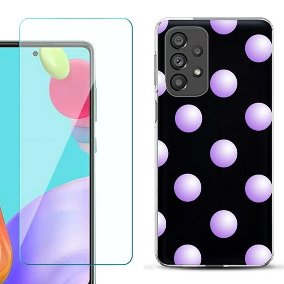 Slim-Fit Gel TPU Phone Case for Samsung Galaxy A33 5G, with Tempered Glass Screen Protector, by OneToughShield ® - Polka Dot / Purple