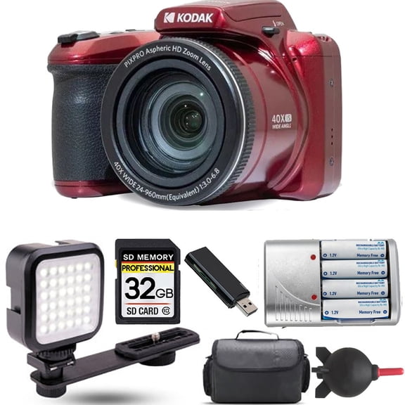 Kodak PIXPRO AZ405 Digital Camera (Red)  Extra Battery   LED - 32GB Kit