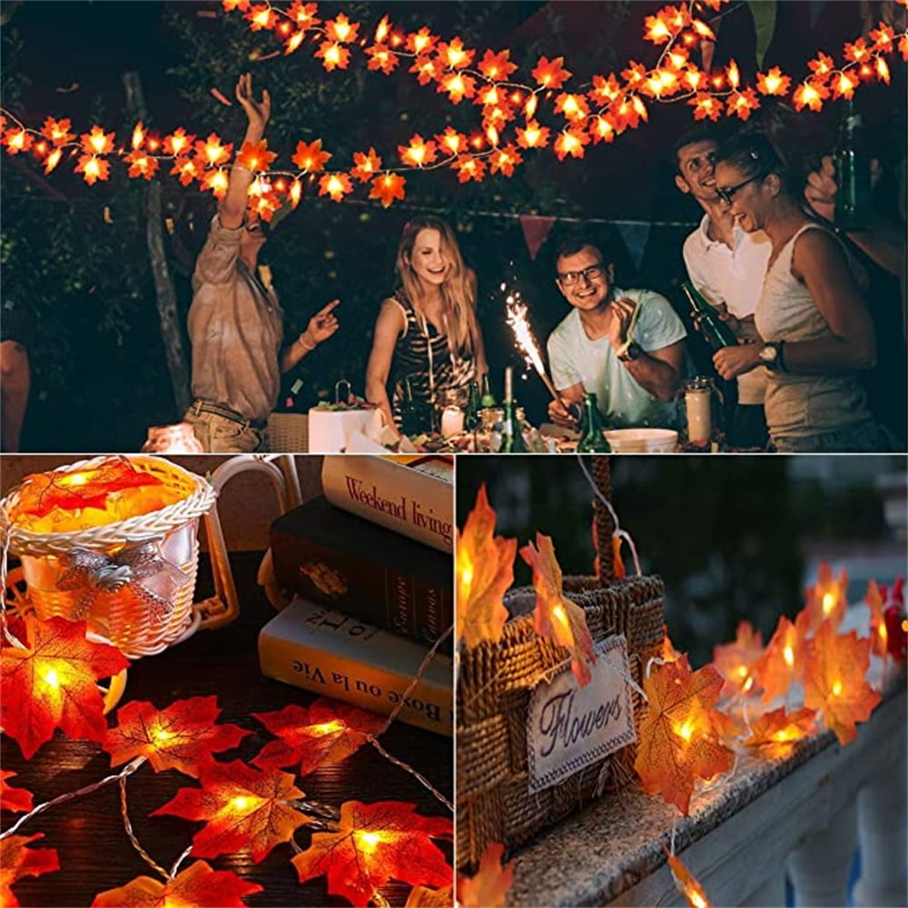 Kepooman 2 Pcs Holiday Decor Garland for Home, 9.8Ft Waterproof Fall String Lights Maple Leaf Garland, Orange