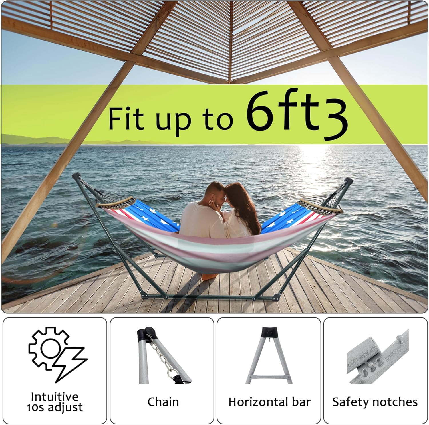 Tranquillo Universal Hammock with Stands Electro Static Coated Steel, Adjustable Foldable Hammock Stand with 2 Layered Polyester Net and Carry Bag for 2 Persons, American Flag