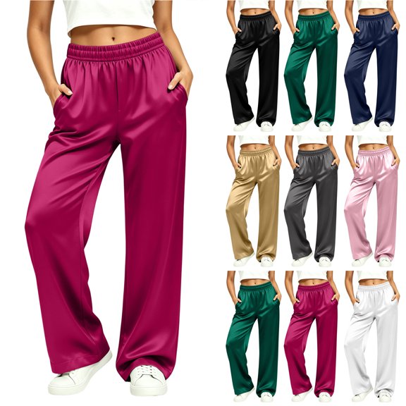 Bloomae Womens Silk Satin Wide Leg Pajama Sleep Pants Casual Loose Soft Lounge Pants Elastic High Waist Pj Bottoms with Pockets