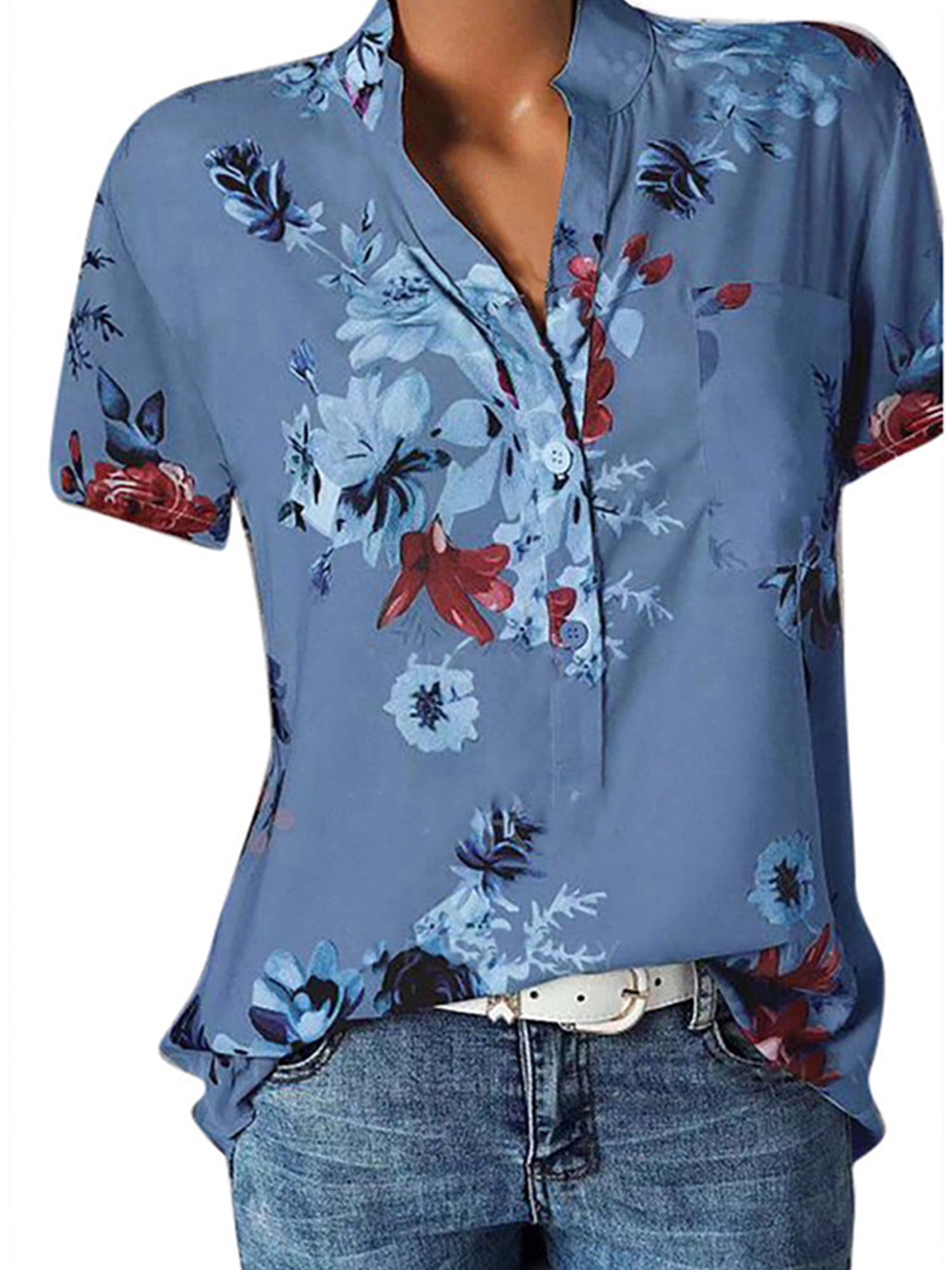 Women's Plus Size V Neck Floral Tops Short Sleeve Summer Loose T-shirts