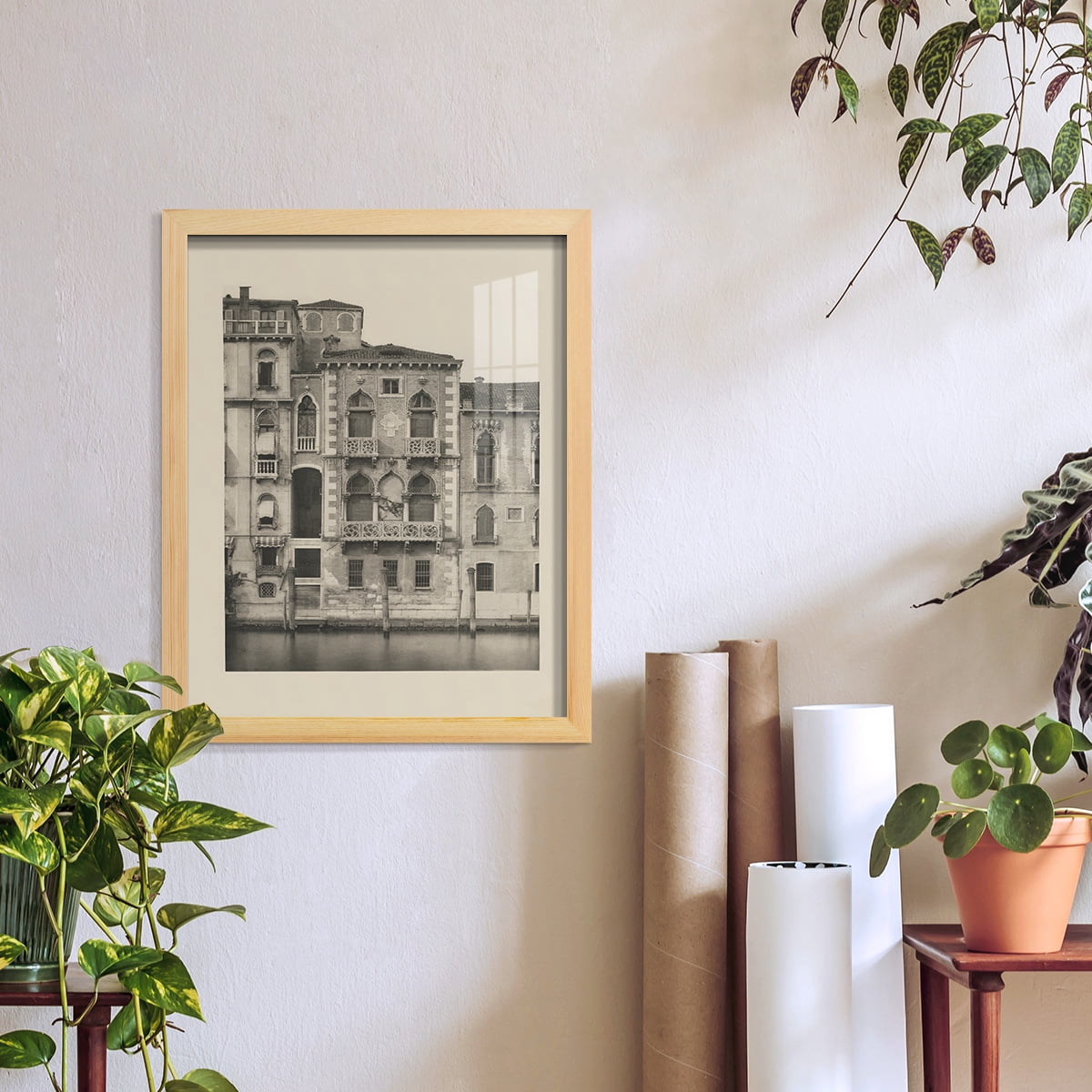 Vintage Views of Venice III - Framed Print w/glass - Natural Wood