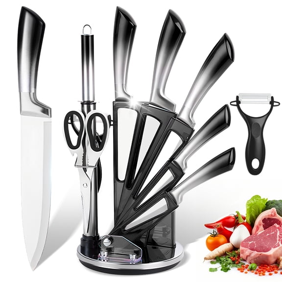 MDHAND 9-Piece Black Gradient Handle Knife Set, 5 Stainless Steel Knives with Block, Sharpening Rod, Scissors and Peeler, for Home Kitchen