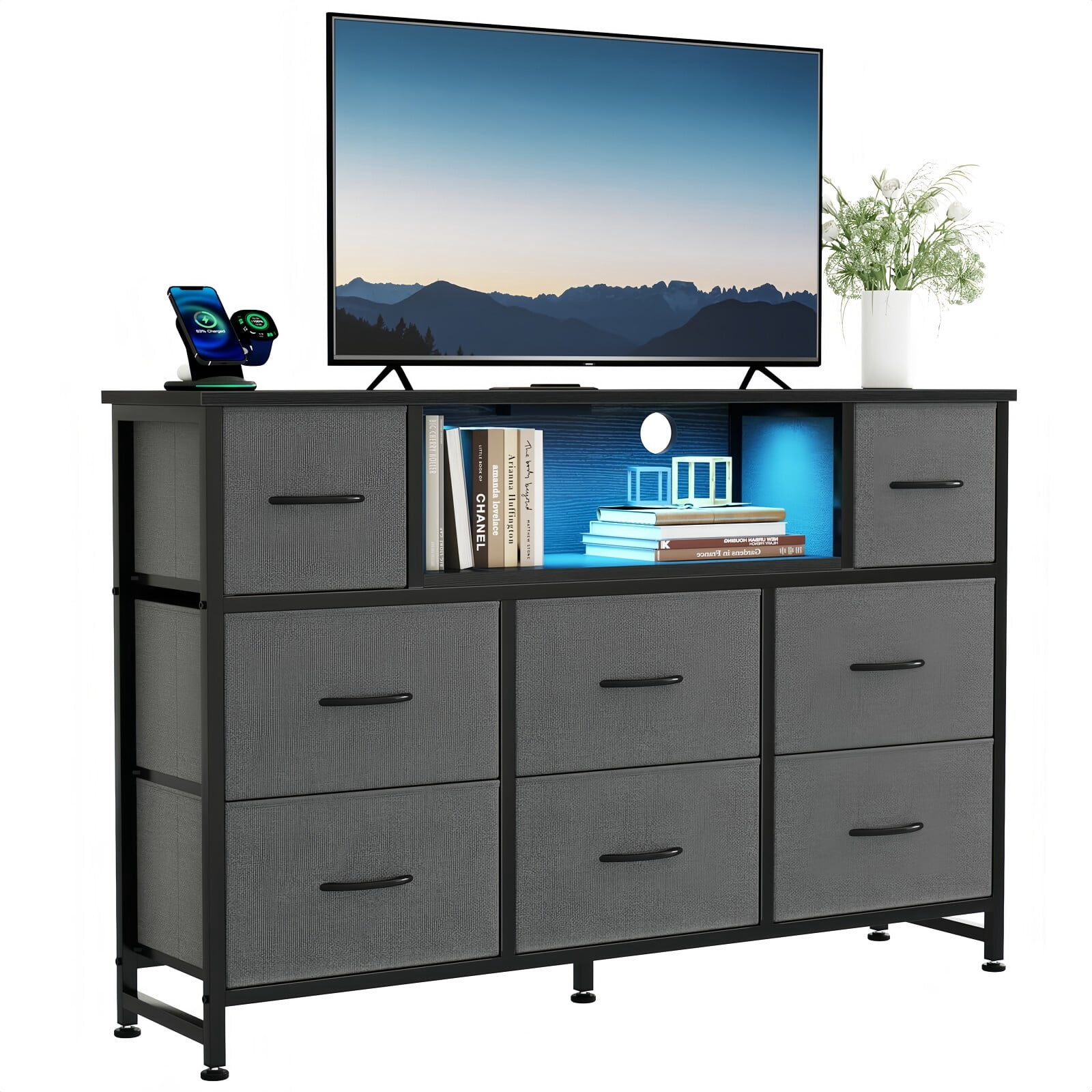 Kelno TV Stand Dresser with 8 Fabric Drawers Open Shelf LED Lights AC USB Charging Station, Gray