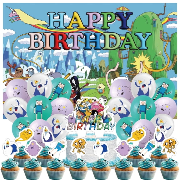 32 Pcs For Adventure Time Cartoon Theme Party Decorations,With 5*3ft Birthday Backdrop Decorations,18 Balloons,13 Cupcake Toppers,for Birthday Party Supplies Decorations