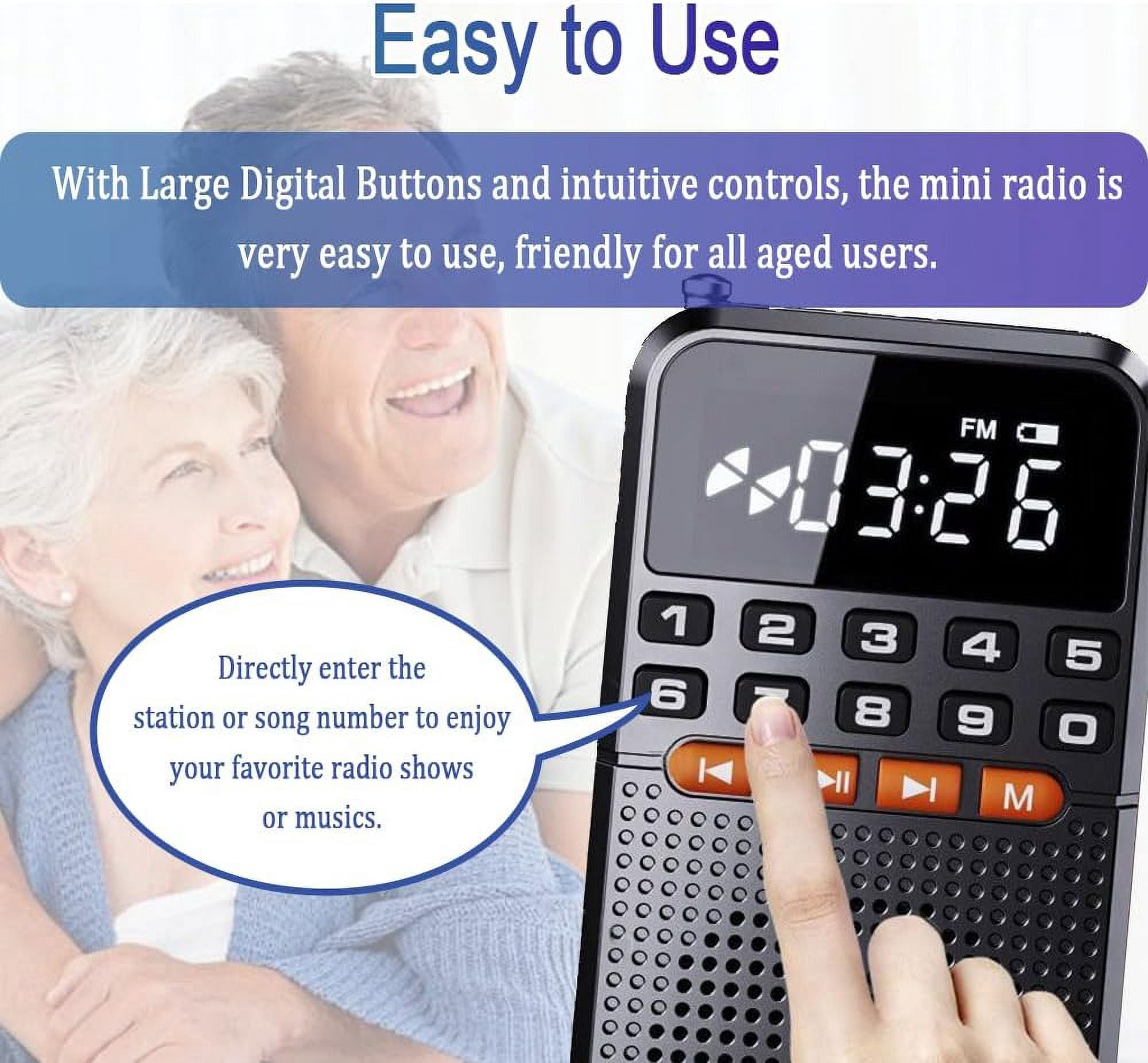 Portable FM Radio with Bluetooth and TF Card Socket, Rechargeable Pocket Radio with Best Reception,Auto Scan, LED Display, Emergency Flashlight for Outdoor Indoor (No AM)
