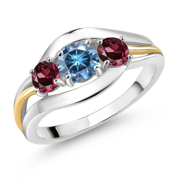 Gem Stone King 925 Sterling Silver and 10K Yellow Gold Round Persian Blue Moissanite and Red Rhodolite Garnet 3 Stone Ring for Women (1.24 Cttw, Size 6)