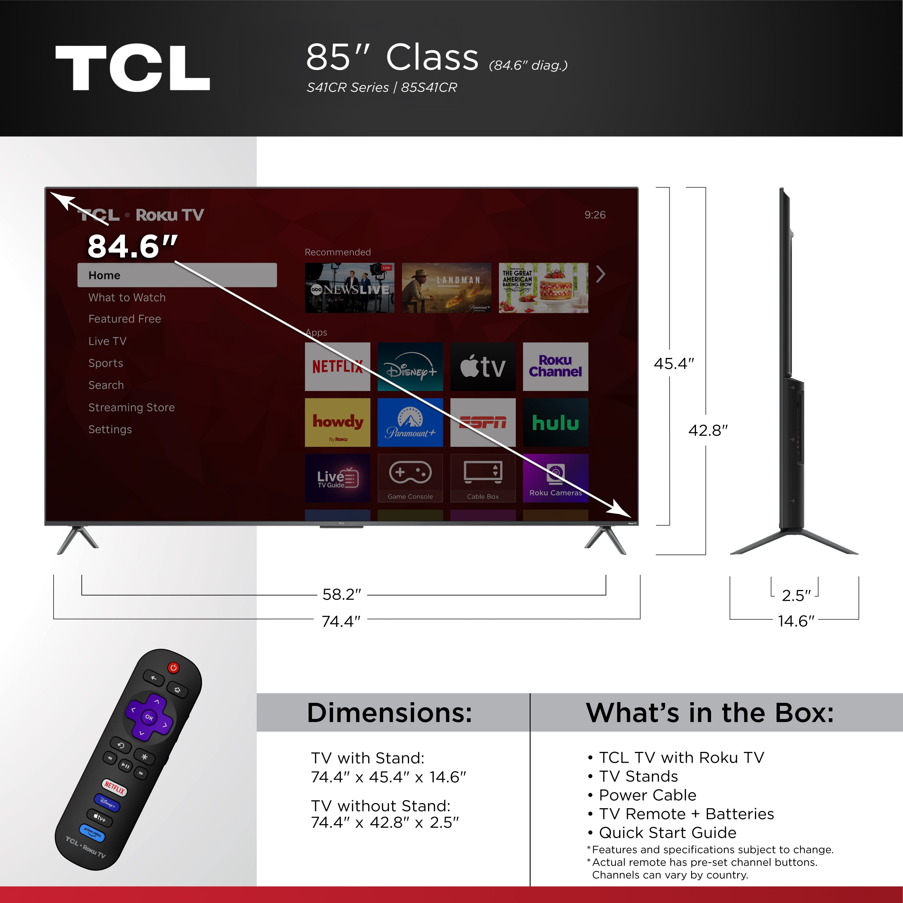 TCL 85" Class S4 4K UHD HDR Smart TV with Roku TV (NEW 2025) - 85S41CR