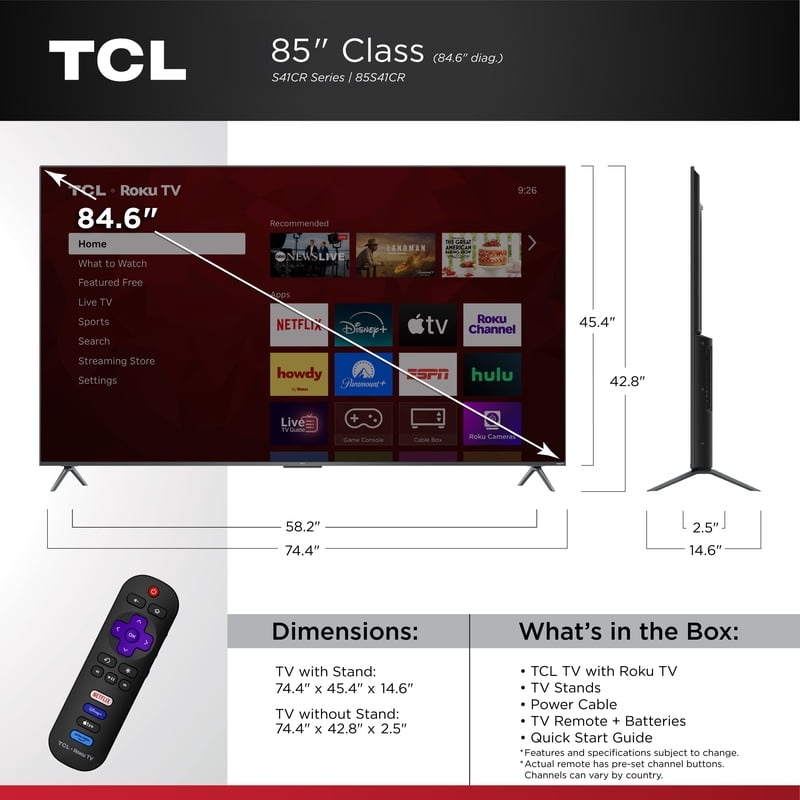 TCL 85" Class S4 4K UHD HDR Smart TV with Roku TV (NEW 2025) - 85S41CR feature detail
