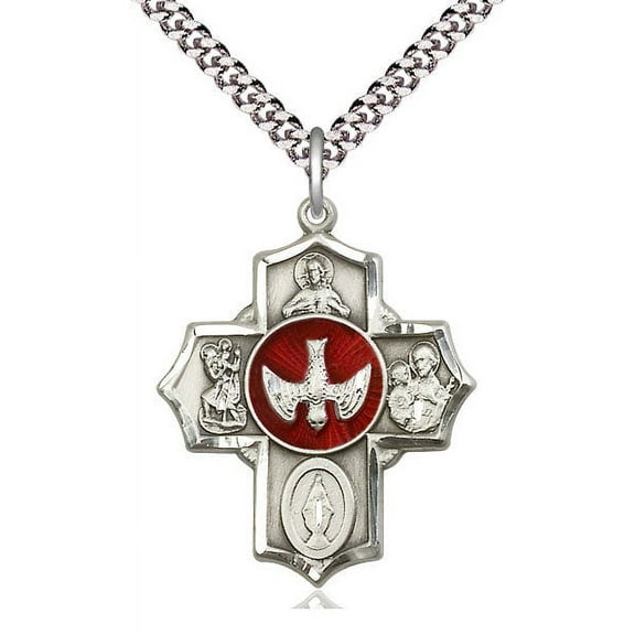 Extel Large Pewter Traditional Catholic 5-Way Cross Cruciform Pendant with 24" chain with Miraculous Medal, St. Joseph, St. Christopher and Sacred Heart, Made in USA
