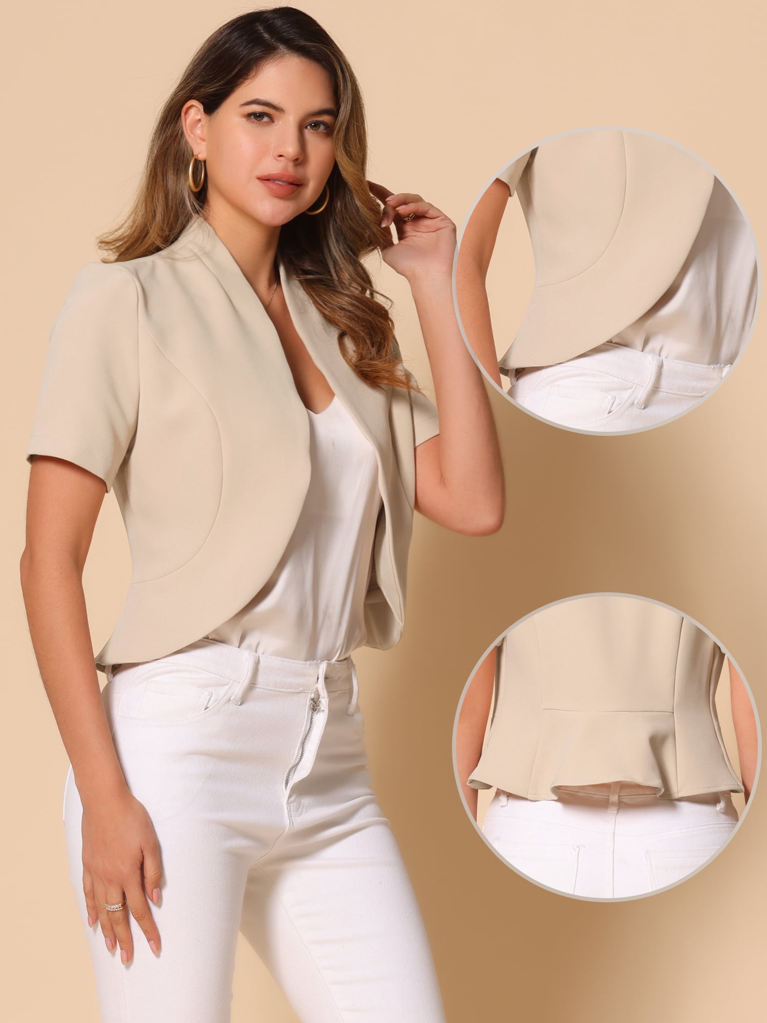 DARING DIVA Women's Business Blazer 3/4 Sleeve Collarless Cardigan XL Beige