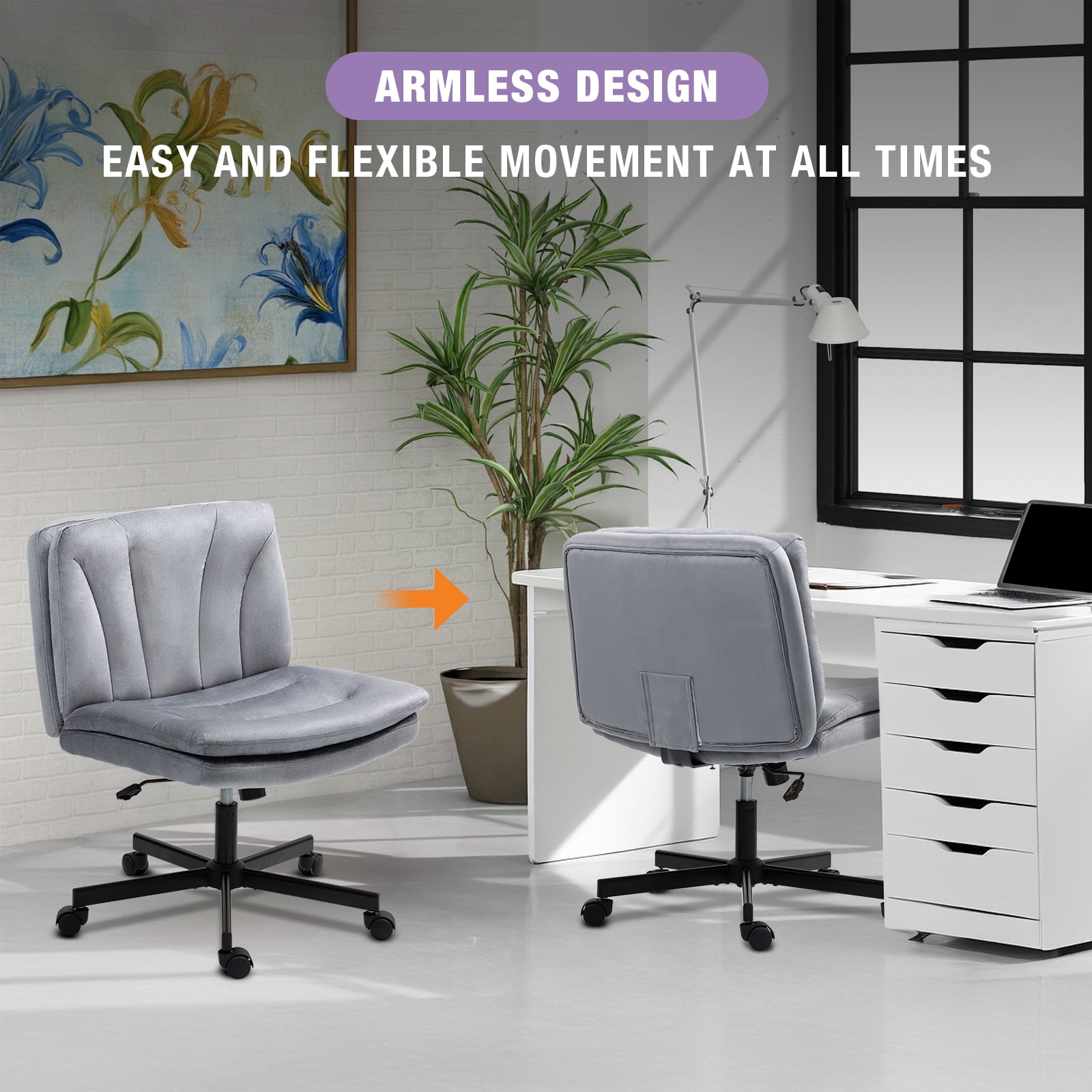 Criss Cross Legged Chair Ergonomic Home Office Desk Chair with Casters, Armless Wide Comfy Computer Task Seat Swivel Rolling Vanity Chair with Height Adjustable and Rocking Function, Gray