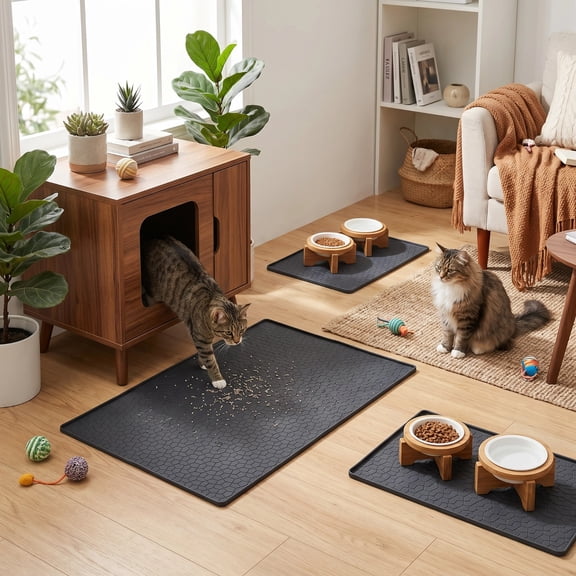 CACAGOO Large 34" X 22" Cat Litter Mat, Waterproof Silicone Pad for Floor, Thickened Silicone Cat Litter Mat Easy Clean Mat for Cat Feedi, Black