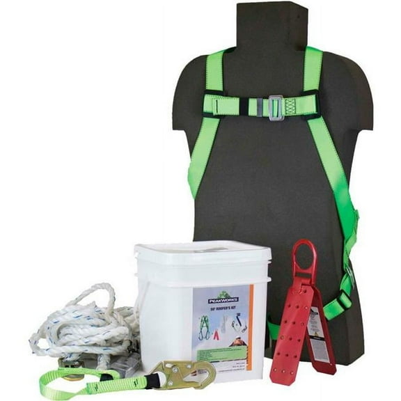 Sellstrom Manufacturing B2348025 PeakWorks RK6-25 Roofers Fall Protection Kit - Harness - 3 ft. Shock Absorbing Lanyard - 25 ft. Lifeline - White