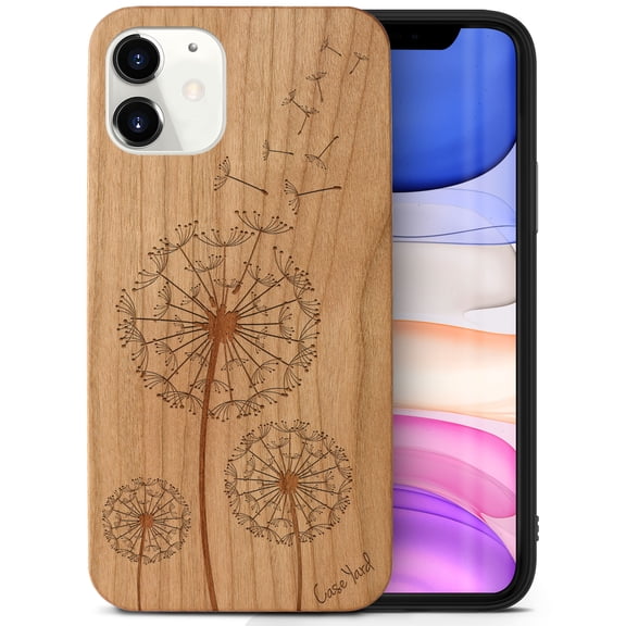 Case Yard Wooden Case Outside Soft TPU Silicone, Slim Fit Shockproof Wood Protective Phone Cover for Girls Boys Men and Women, Supports Wireless Charging Dandelion Design case for iPhone-12-Mini