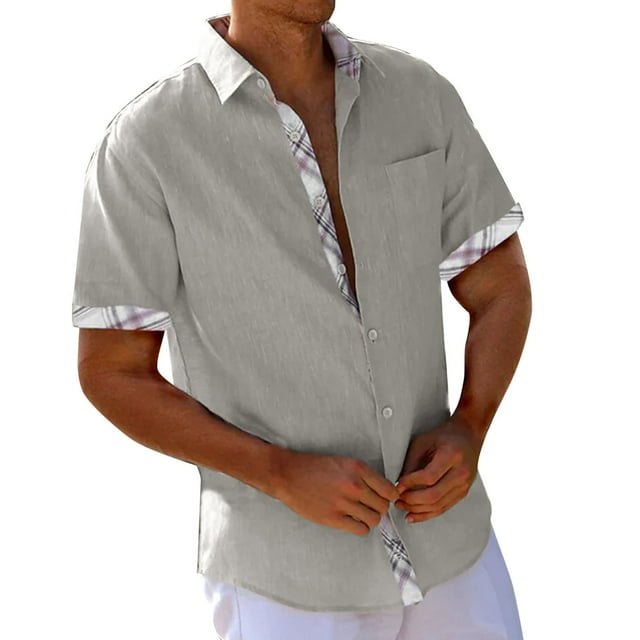 Camisas De Lino Para Hombre Camisa de vacaciones en la playa Camisa de cárdigan de manga corta Camisa de solapa en contraste con botones en los puños para hombre (Grey, S)