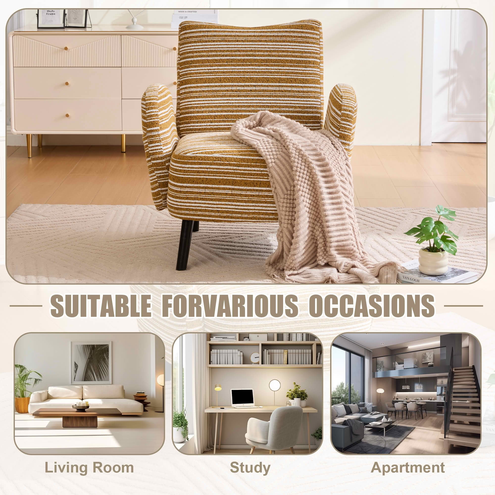 MAYEERTY Modern Boucle Armchair with Side Pocket & Wood Legs, Mustard yellow, for Living Room Bedroom Office